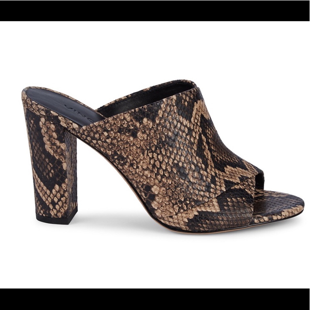 Vince leather embossed snake print mules. Gorgeous